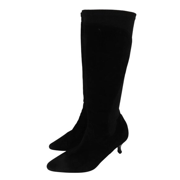 Aquatalia Women 8.5 Black Suede Knit Stretch Kitten Heel Boots Pointed Toe Zip - Picture 1 of 15